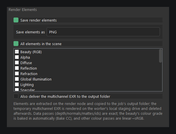 WeemFX Add Render to Queue dialog, Render Elements section, with Save render elements enabled