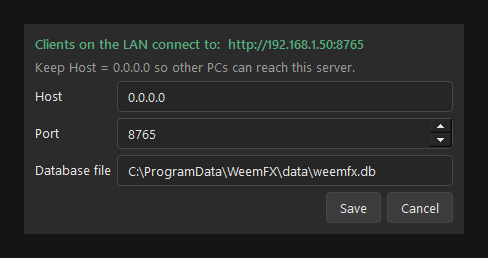 WeemFX Server Settings dialog showing Host, Port, and database file path