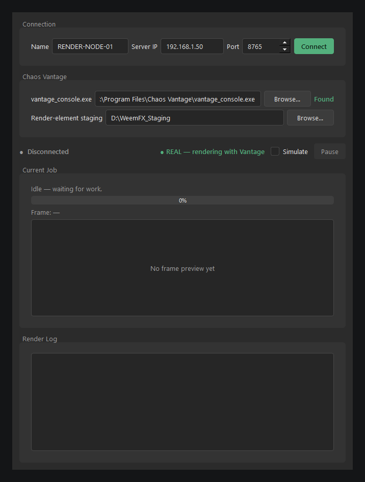 WeemFX Worker window showing Connection settings and the render-element staging folder